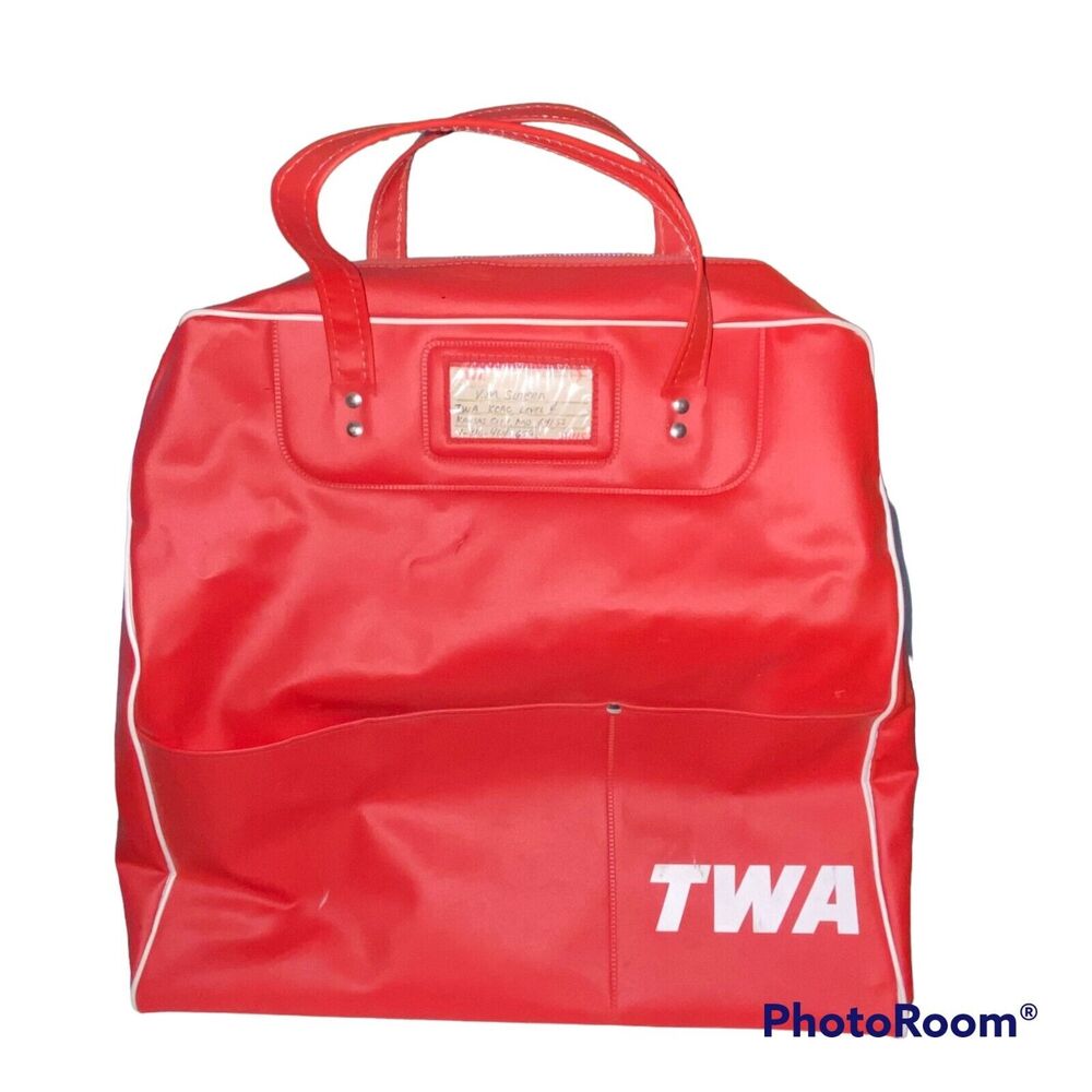 TWA Luggage Flight Bag Logo White Piping Zipper Vintage Carry On Metal Stud Feet